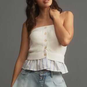 Anthropologie Ribbed Striped 100% Cotton Strapless Sweater Top White Blue XS